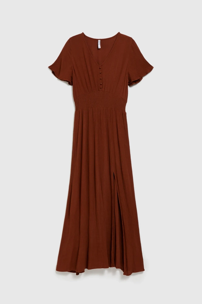 Wiskozowa sukienka z gumą w pasie brązowa