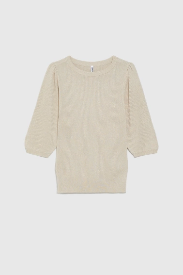 Prążkowany sweter z bufiastymi rękawami beżowy