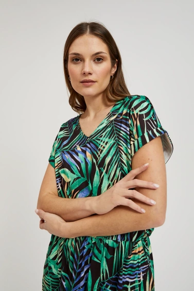 Sukienka w tropikalny wzór z wiązaniem w talii zielona