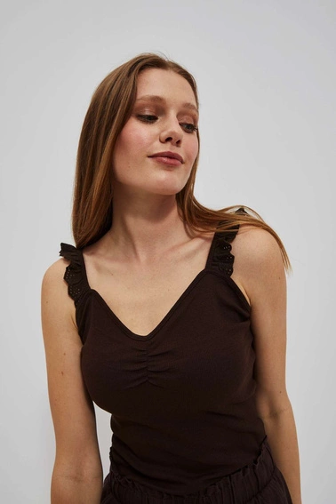 Top z ozdobnymi ramiączkami ciemnbrązowy