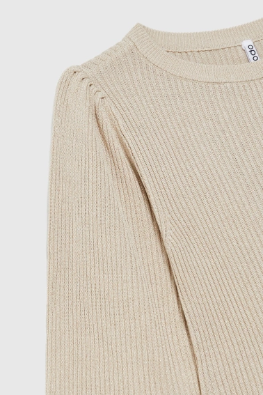 Prążkowany sweter z bufiastymi rękawami beżowy