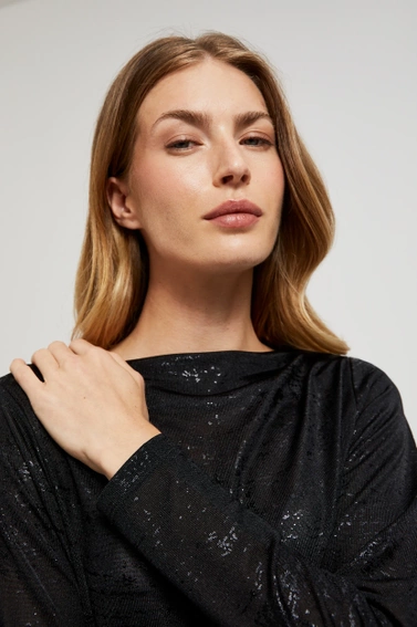 Bluzka z marszczonym dekoltem i długimi rękawami czarna 