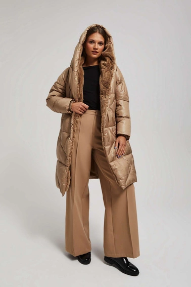 Długa kurtka z kapturem ciemnobeżowa