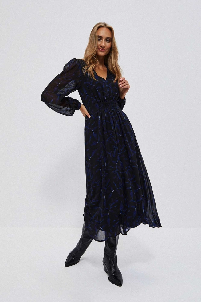 Sukienka midi z printem i bufiastymi rękawami czarna