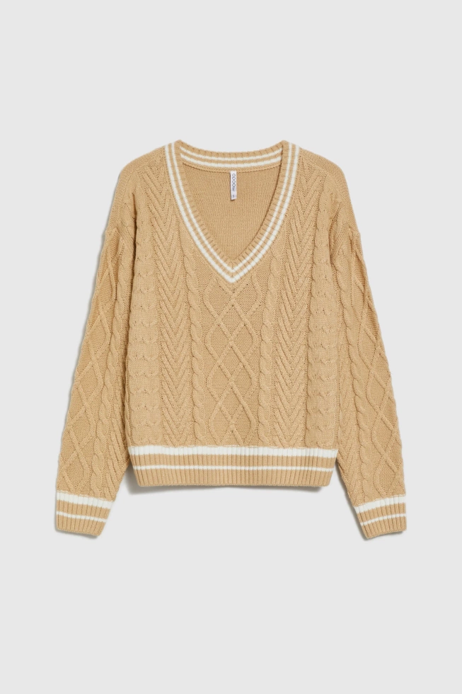 Sweter z dekoltem w serek beżowy