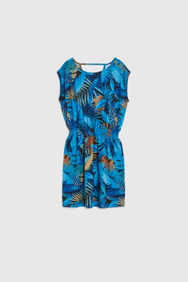 Sukienka z okrągłym dekoltem w tropikalny wzór niebieska