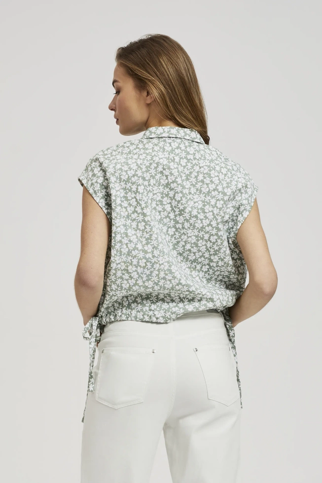 Koszula w kwiaty z krótkimi rękawami i kołnierzykiem oliwkowa