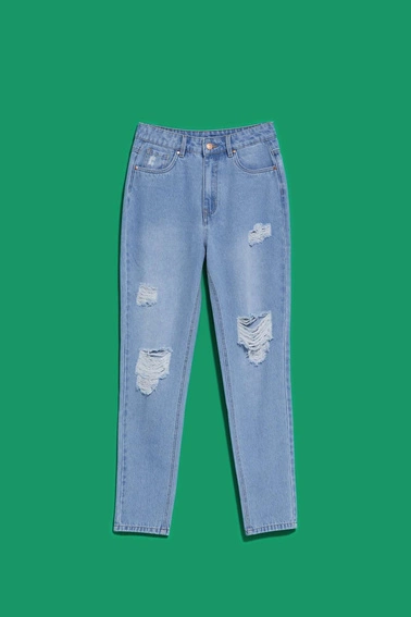 Jeansy mom fit z przetarciami błękitne