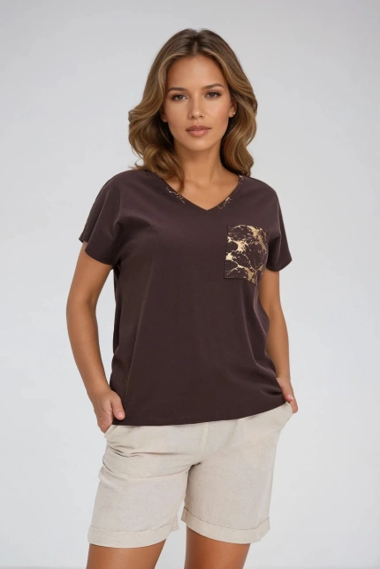 Bawełniany t-shirt z ozdobną kieszenią brązowy