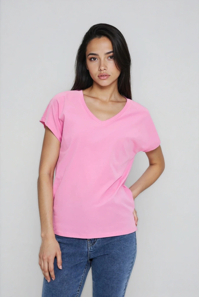 Bawełniany t-shirt z dekoltem w serek różowy