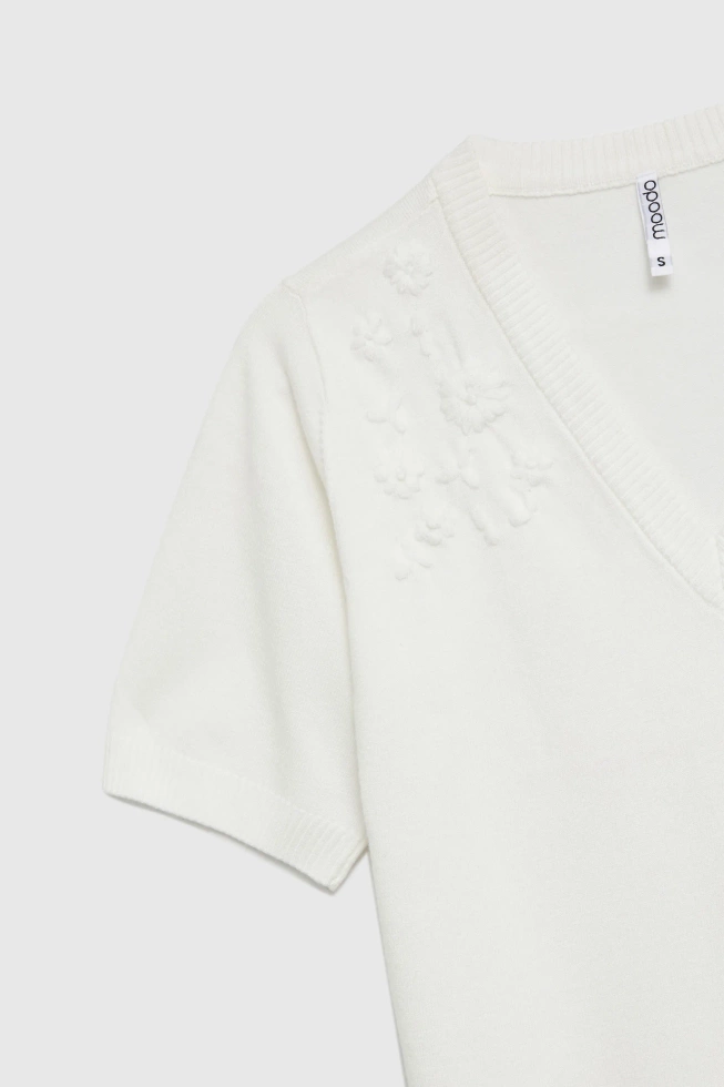 Sweter z krótkimi rękawami i dekoltem w serek biały