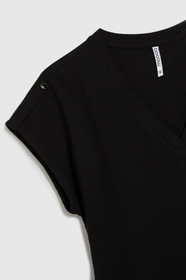 Gładki t-shirt z dekoltem w serek czarny