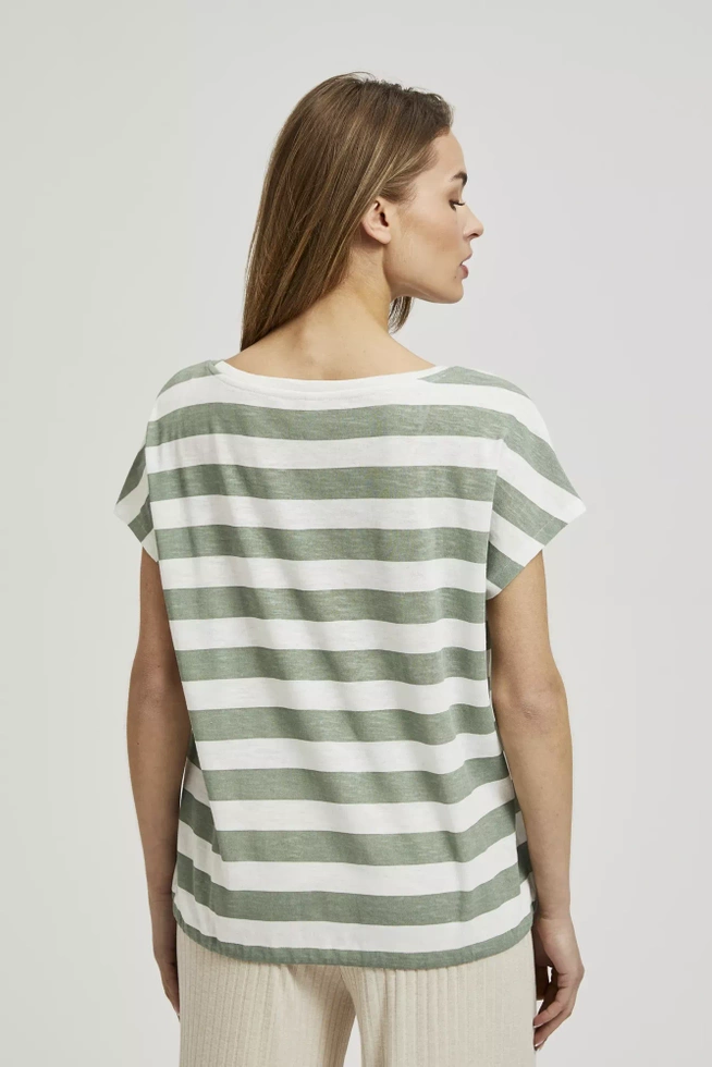 Bluzka w paski z okrągłym dekoltem oliwkowa