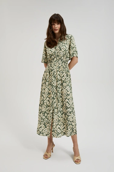 Wzorzysta sukienka z gumą w talii oliwkowa