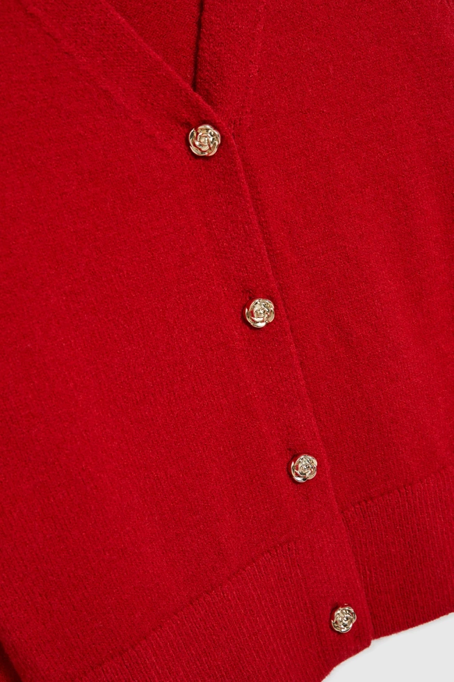 Kardigan z guzikami w kształcie róży czerwony