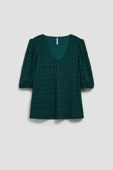 Koronkowa bluzka z bufiastymi rękawami szmaragdowa