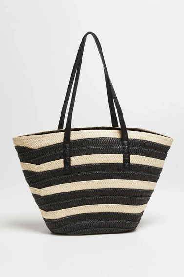 Słomkowa torba w paski czarna