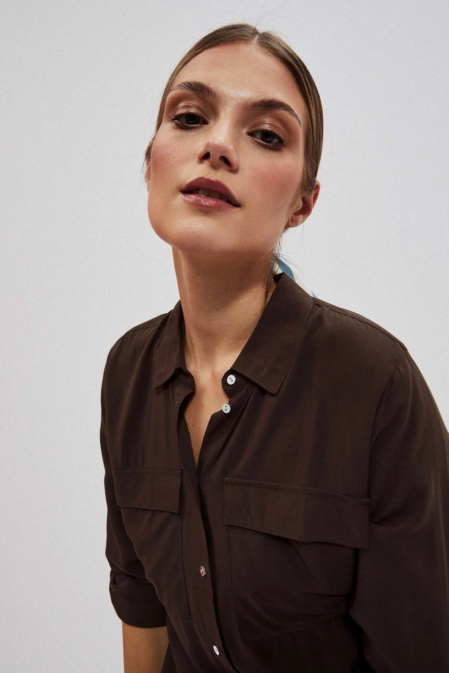 Wiskozowa koszula z kieszeniami ciemnbrązowa