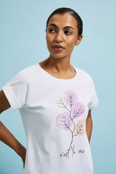 T-shirt z roślinnym wzorem biały 