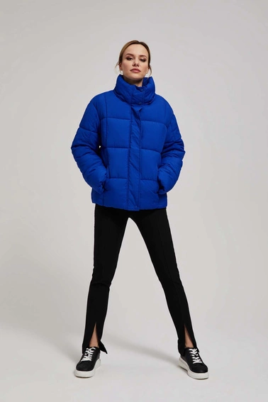 Krótka pikowana kurtka z kapturem ciemnoniebieska