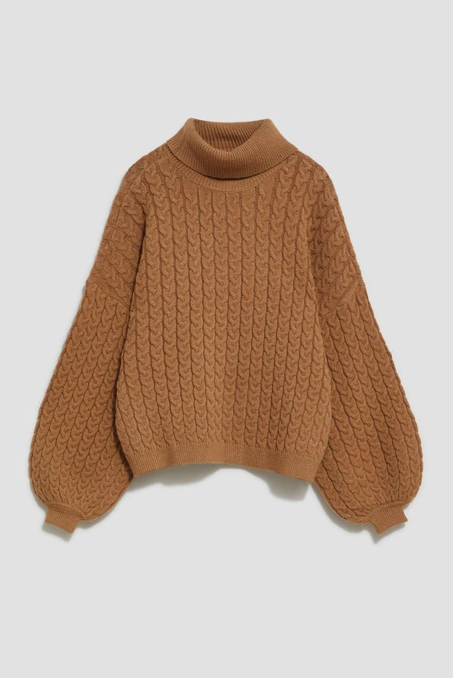 Sweter z golfem i bufiastymi rękawami ciemnobeżowy