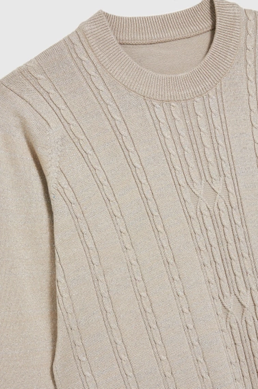 Sweter z długimi rękawami i okrągłym dekoltem beżowy 