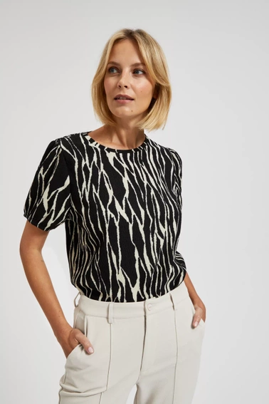 Wzorzysta bluzka z bufiastymi krótkimi rękawami czarna