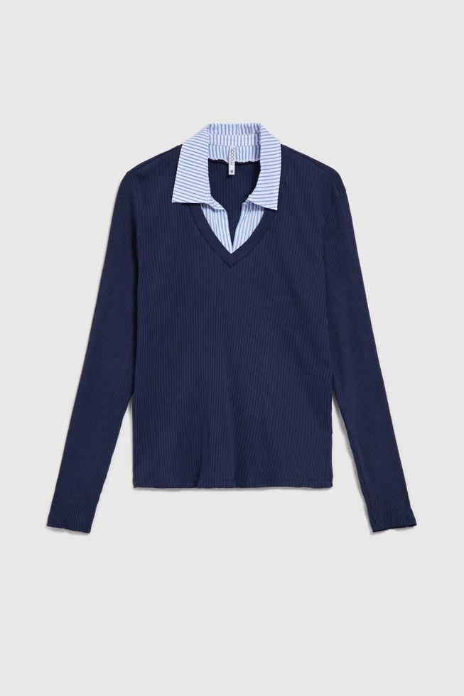 Prążkowana bluzka z kołnierzykiem granatowa