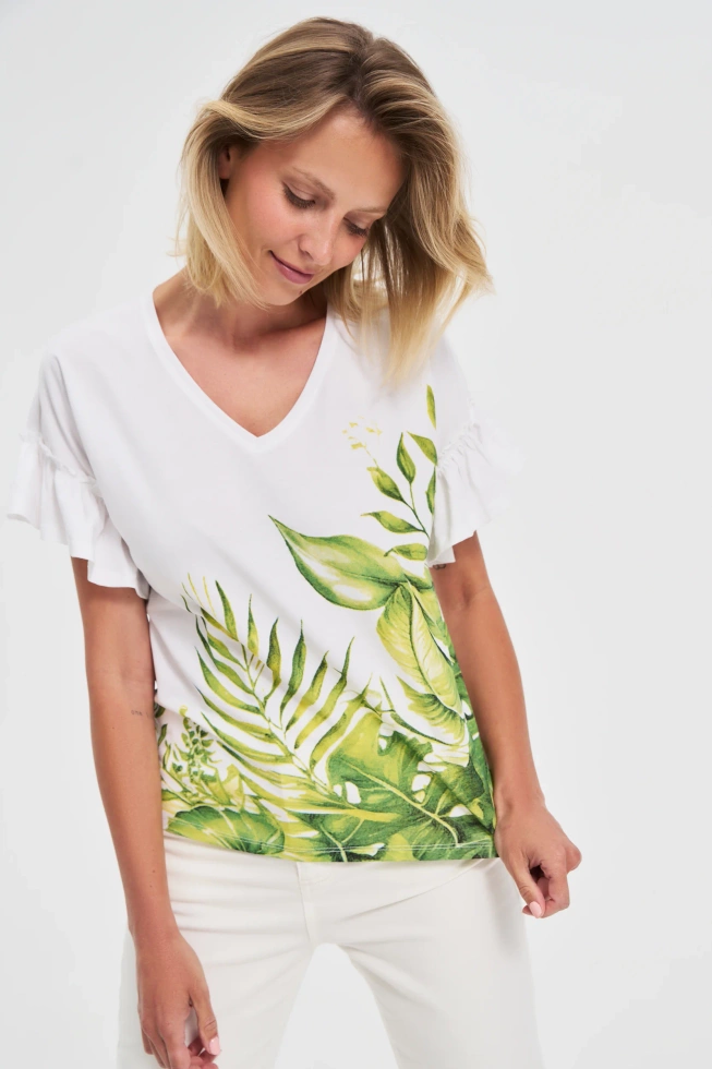 Bawełniana bluzka z falbaną na rękawach biała