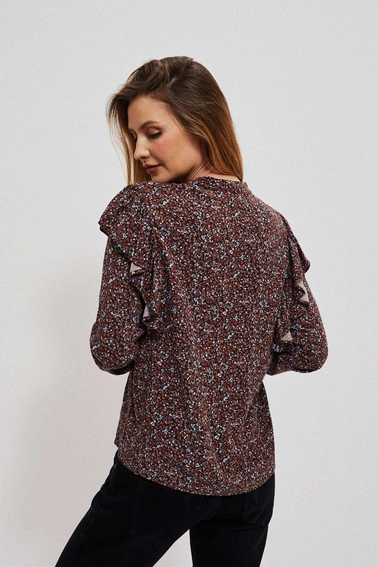 Koszula z wiązanym dekoltem i falbanami kasztanowa