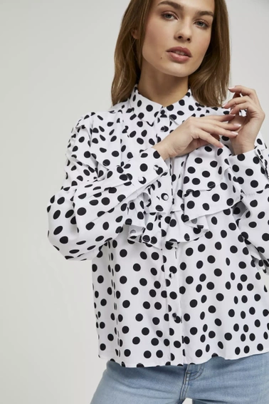 Koszula z falbaną i długimi rękawami ze wzorem kropek czarno-biała