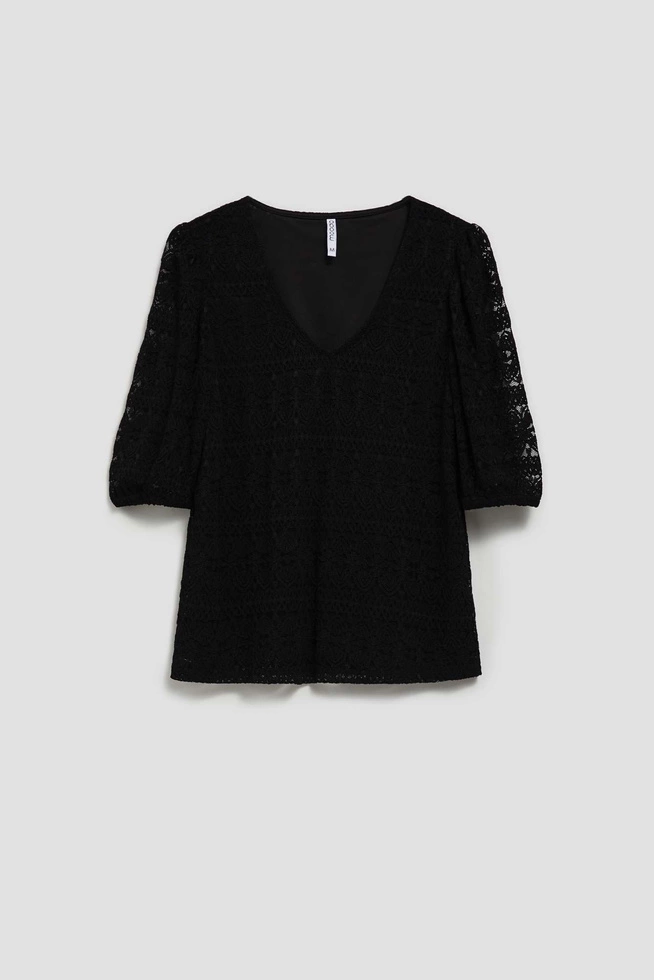 Koronkowa bluzka z bufiastymi rękawami czarna