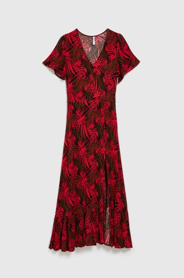 Sukienka z dekoltem w serek i tropikalnym printem czerwona