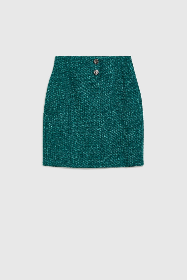 Spódnica w tweedowym stylu z ozdobnymi guzikami szmaragdowa
