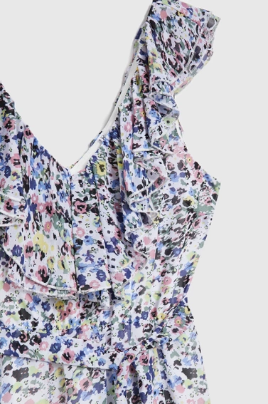 Sukienka z kwiatki z falbaną na dekolcie błękitna