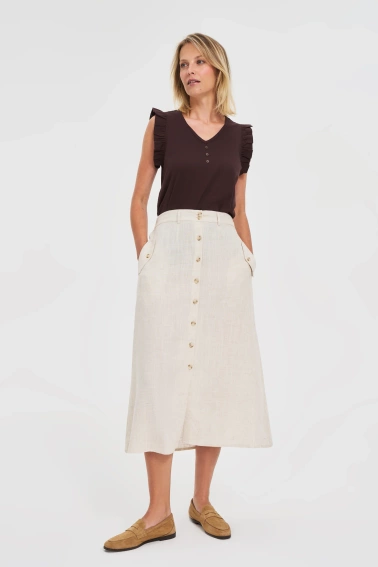 Bluzka z falbaną na ramionach brązowa