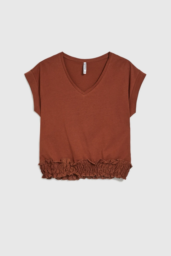 Bluzka z dekoltem w serek i gumą w pasie brązowa