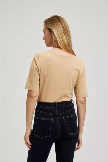 Gładka dopasowana bluzka z krótkimi rękawami beżowa 