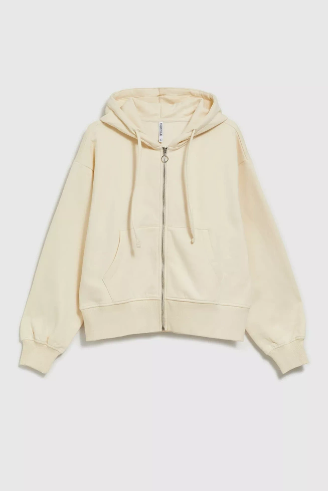 Rozpinana bluza z kapturem i bufiastymi rękawami beżowa