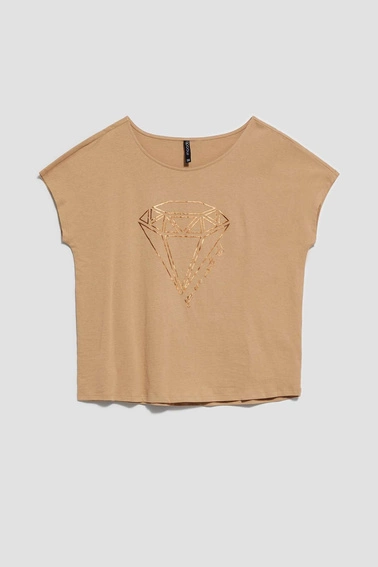 Bawełniana bluzka z nadrukiem ciemnobeżowa