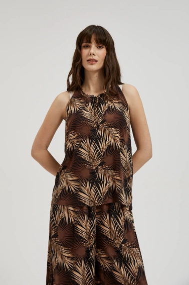 Koszula w tropiklany wzór z wiązanym dekoltem czarna