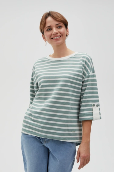 Bluza oversize w paski z szerokimi rękawami oliwkowa