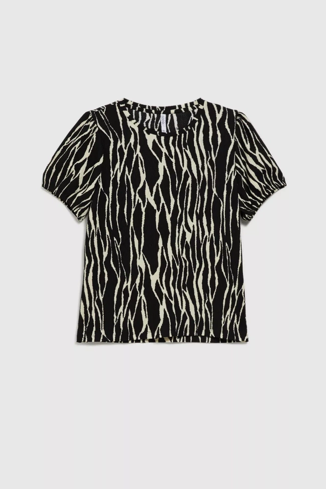 Wzorzysta bluzka z bufiastymi krótkimi rękawami czarna