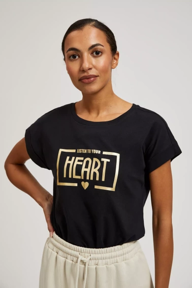 T-shirt z napisem i krótkimi rękawami czarny 