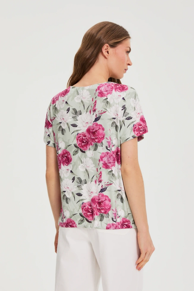 Bluzka w kwiaty z wiązaniem oliwkowa