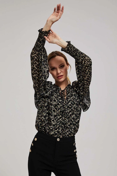 Wzorzysta koszula z wiązaniem na dekolcie czarna