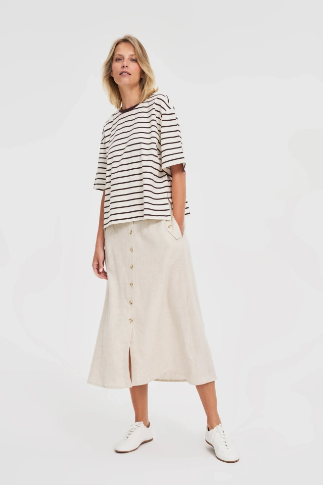 T-shirt oversize w paski brązowy