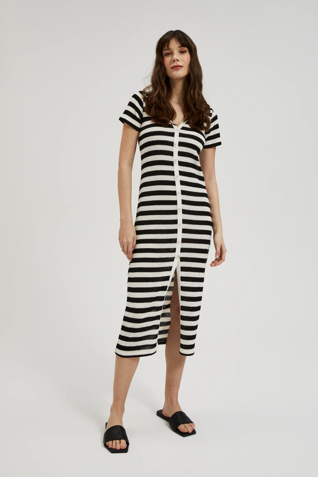 Sukienka w paski zapinana na guziki czarno-beżowa