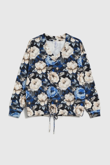 Bluza w kwiaty z dekoltem w serek czarna