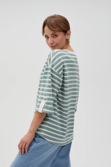 Bluza oversize w paski z szerokimi rękawami oliwkowa